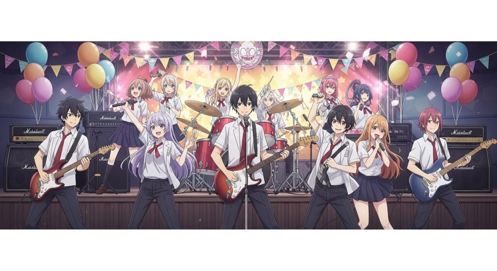 バビルス悪魔学校の生徒たちが音楽祭で楽器を演奏したり歌ったり踊ったりして盛り上がっている、青春と友情がテーマの賑やかなシーンのイラスト。
