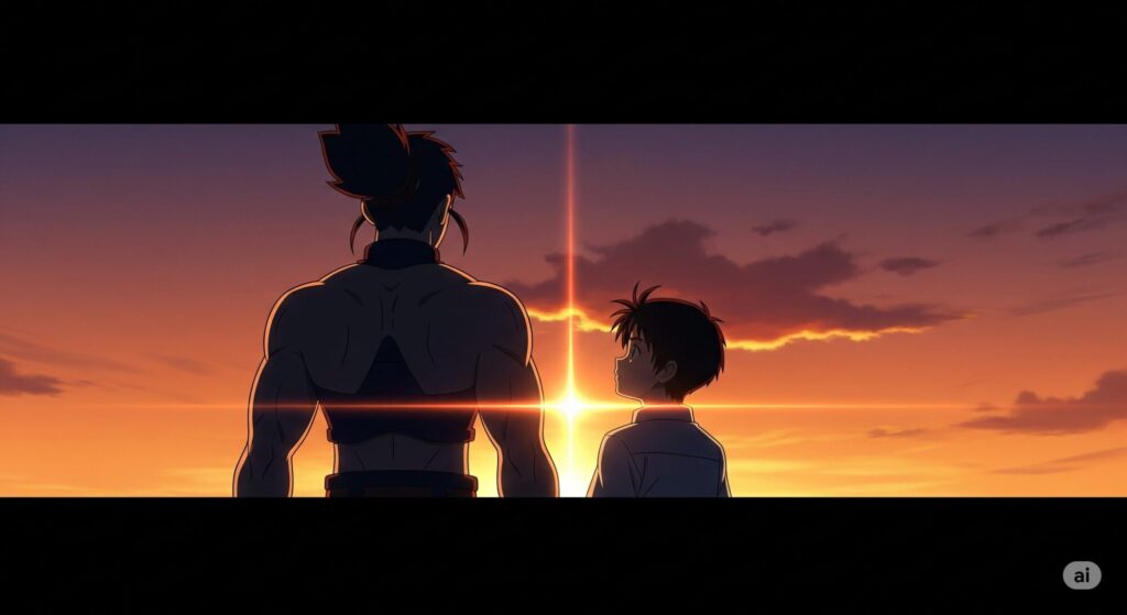 夕焼け空を背景に、若い頃のデルキラと若き日のサリバンのシルエットが描かれた横長のアニメ風イラスト。デルキラの大きな背中と、彼を少し見上げるサリバンの構図が、『主従の背中』という師弟のような深い絆を表現している。二人の間には温かいオレンジ色の光が差し込み、感動的な雰囲気を醸し出している。
