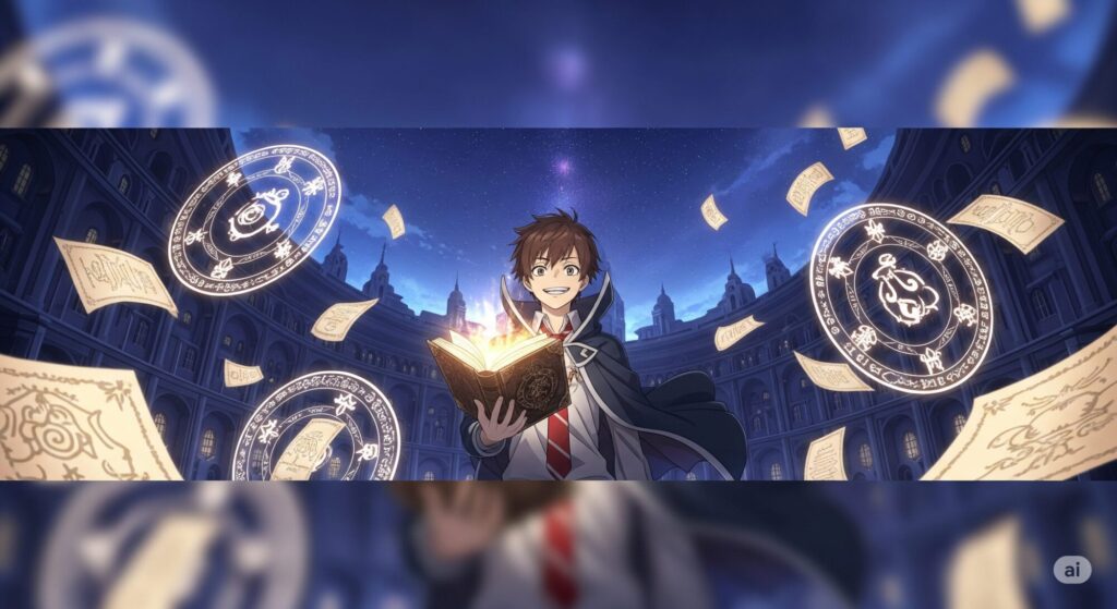 星空が広がる夕暮れの魔法学校の中心に立つ鈴木入間が、魔法の光を放つ謎の書物を手にしている、横長のデジタルアニメ風イラスト。彼の周りには、未完の物語を表す様々な魔法の記号や浮遊するページが描かれ、希望に満ちたドラマチックな雰囲気が、長い冒険がまだ続くことを示唆している。