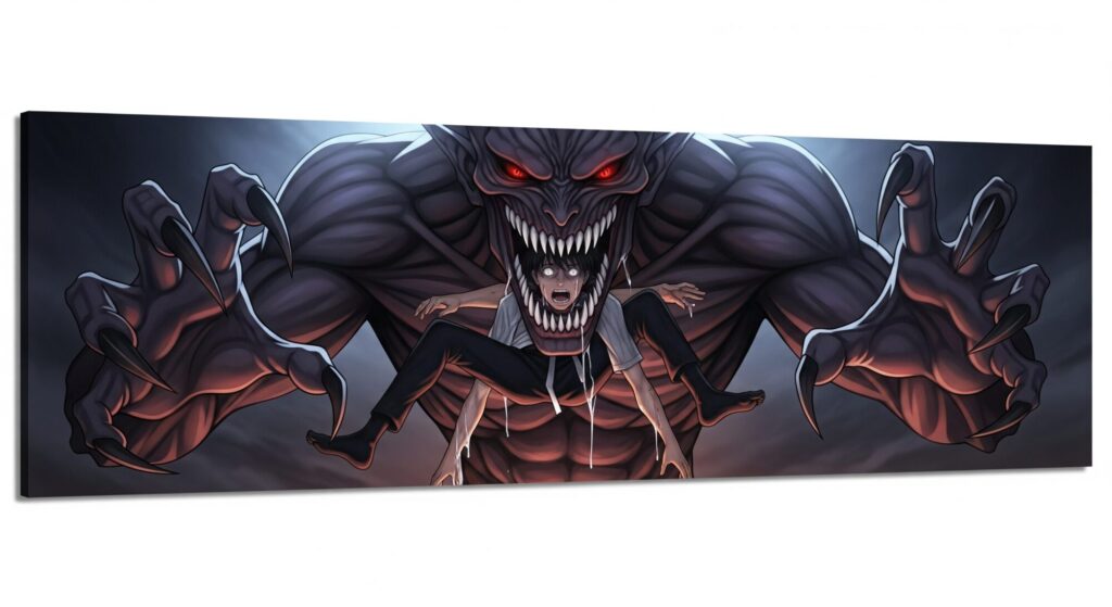 悪魔が人を丸呑みしている横長のアニメ風イラスト。巨大で威嚇的な悪魔が鋭い歯と爪を持ち、人が飲み込まれようとしている様子が描かれている。場面は暗く、激しい雰囲気で表現されている。