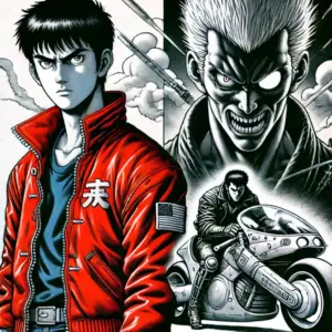 『AKIRA』の主要キャラクターである金田と鉄雄のイラスト。金田は赤いジャケットとバイクで描かれ、鉄雄は超能力を覚醒させた姿で対比されている。