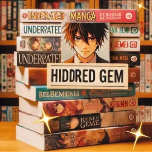 隠れた名作漫画が積み重ねられたイラスト。『Hidden Gem』のラベルが強調され、温かみのある雰囲気の中で読者に新たな発見を促している。