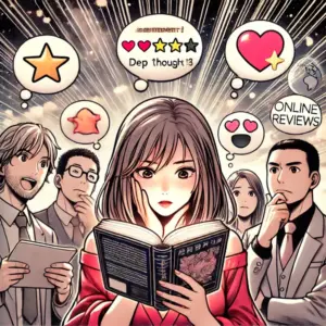 薬屋のひとりごと』のレビューを象徴するイメージ。読者が漫画を読んでいるシーンや、評価が高いポイントを視覚的に表現。