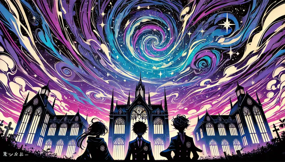 「魔入りました！入間くん」の世界観を表現した、魔界の夜空と学園のイメージイラスト