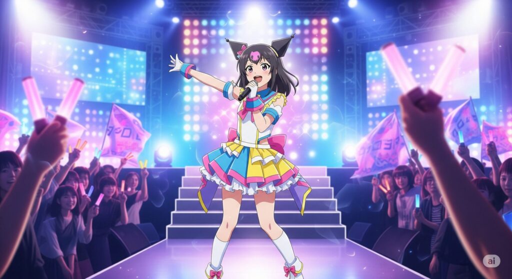 魔界のトップアイドル「くろむ」として、華やかなステージで歌い、パフォーマンスを披露するクロケル・ケロリ。観客がペンライトを振って熱狂している様子が描かれています。