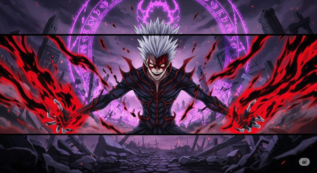 アスモデウス・アリスの『悪周期』の姿を描いた横長のアニメ風イラスト。普段のクールな彼とは異なり、荒々しく、やや理性を失ったような表情をしている。背景には破壊された瓦礫と不穏な紫色の魔力のオーラが渦巻き、彼の周囲には赤と黒の炎が燃え盛り、制御不能な破壊力を表現している。強いコントラストと影が、危険で衝撃的な雰囲気を醸し出している。